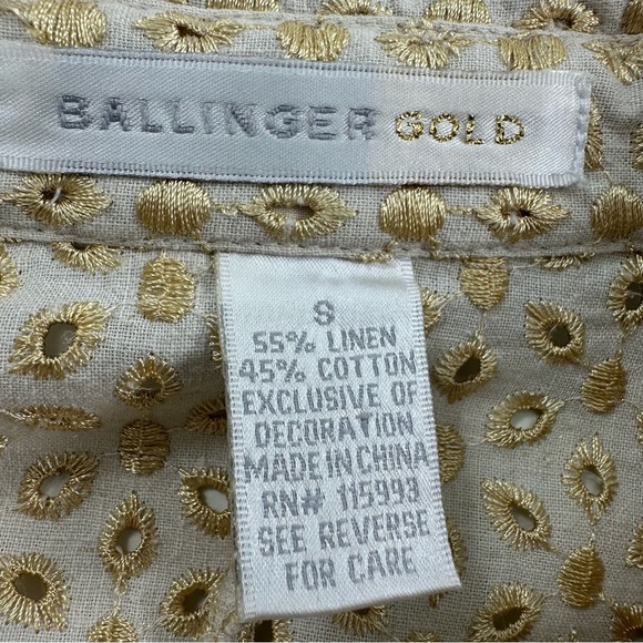 Ballinger Gold Dressy Button Up Blouse Women’s Small Beige Linen Golden Eyelet - Picture 4 of 7